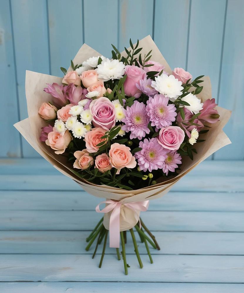 Букет цветов из: Хризантемы, Розы и Альстромерии в Таёжном