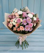Букет цветов из:  Хризантемы, Розы и Альстромерии в Таёжном