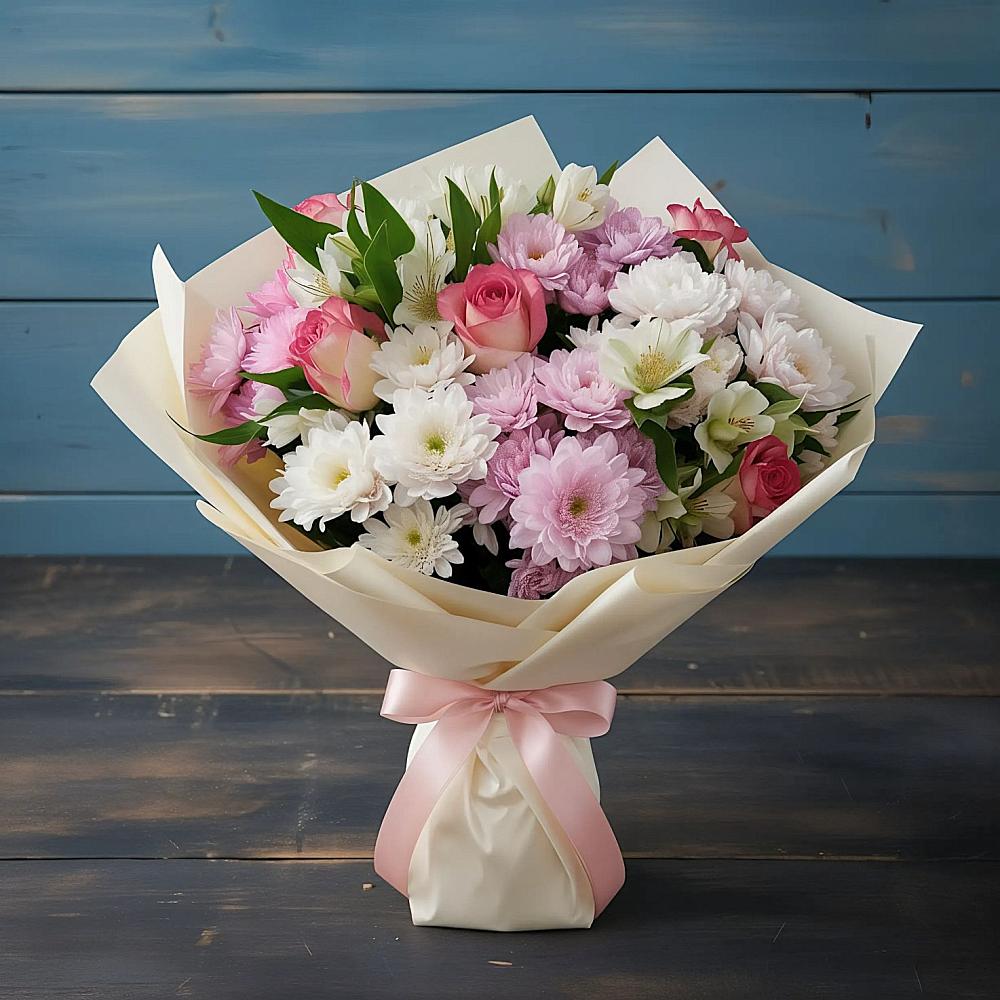 Букет цветов из: Хризантемы, Альстромерии и Розы в Таёжном